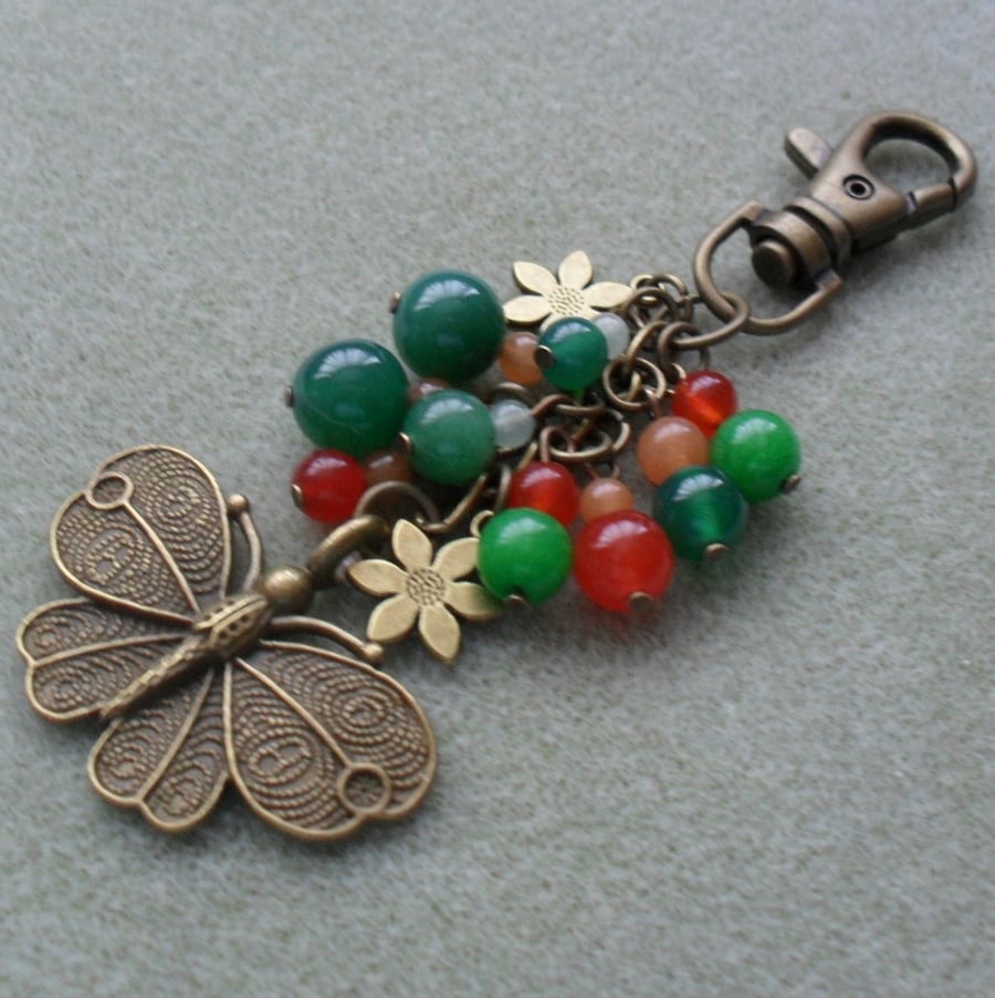 Semi Precious Gemstone Bag Charm With Butterfly and Flower Charms