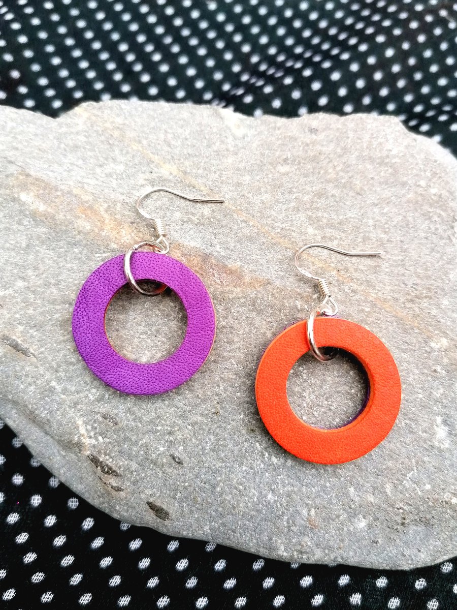 Colour Duo Leather Hoop Earrings - Violet & Orange Mini