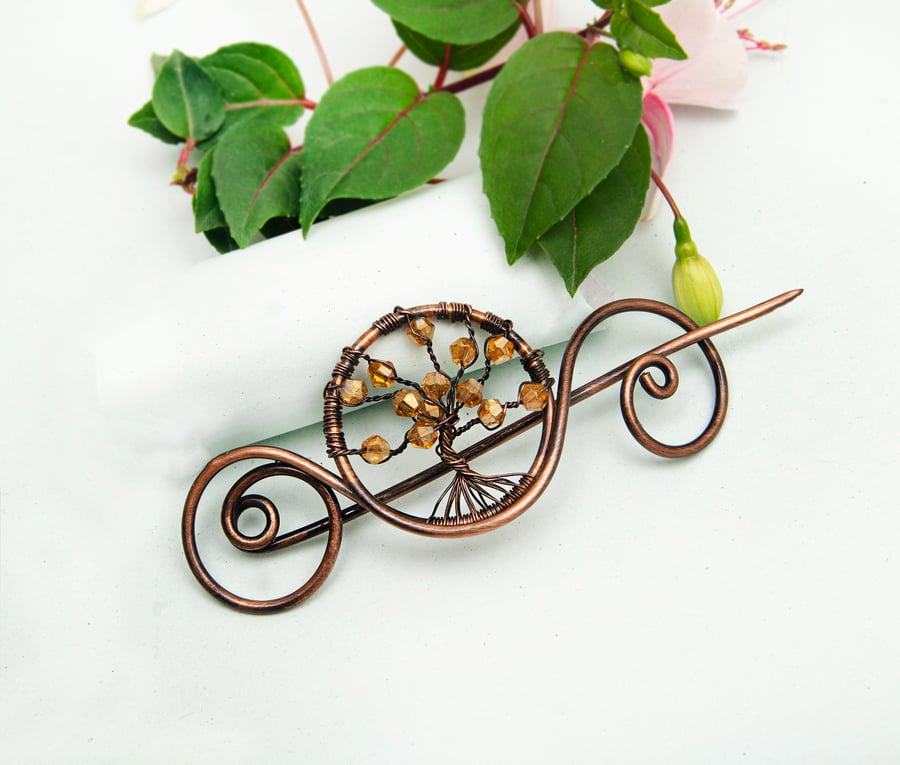 Crystal beads Antique copper shawl pin,Handmade brooch,Tree of life shawl pin, 