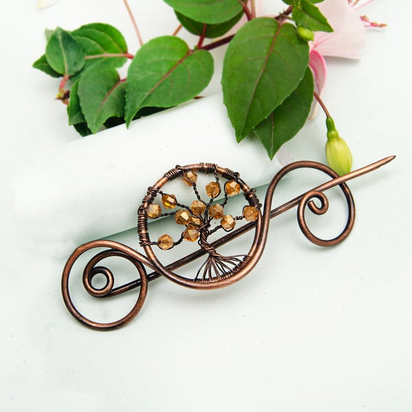 Crystal beads Antique copper shawl pin,Handmade brooch,Tree of life shawl pin, 
