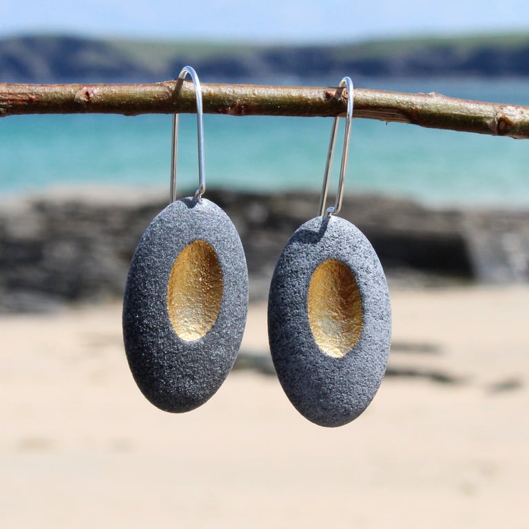 Pebble earrings with golden recess & sterling silver ear wires. Nature inspired