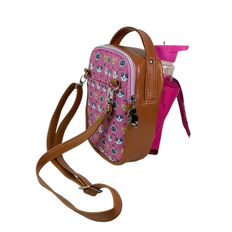 Water bottle carry bag , small sling bag with cat print, day trip crossbody