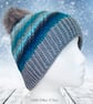 Crochet hat, beanie. Blue and grey ombre ladies swirl pom pom hat. Ladies hat. - Image 6
