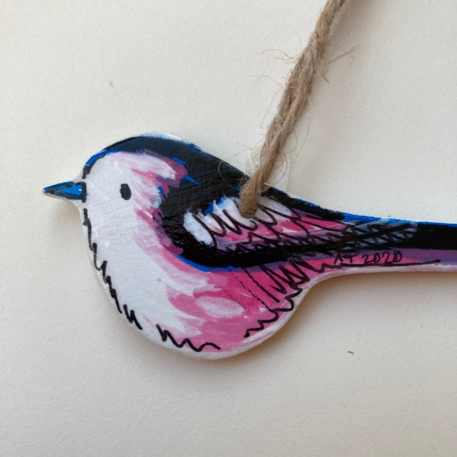 Long tailed tit, Handmade wooden bird decoration, bird lovers gift