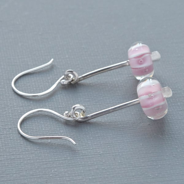 Chunky Fine Silver Hammered Drop Earrings Pink Paperweight Glass Beads SeaUrchin