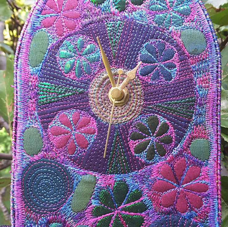 Textile Art Clock Free Machine Embroidery Botan... - Folksy