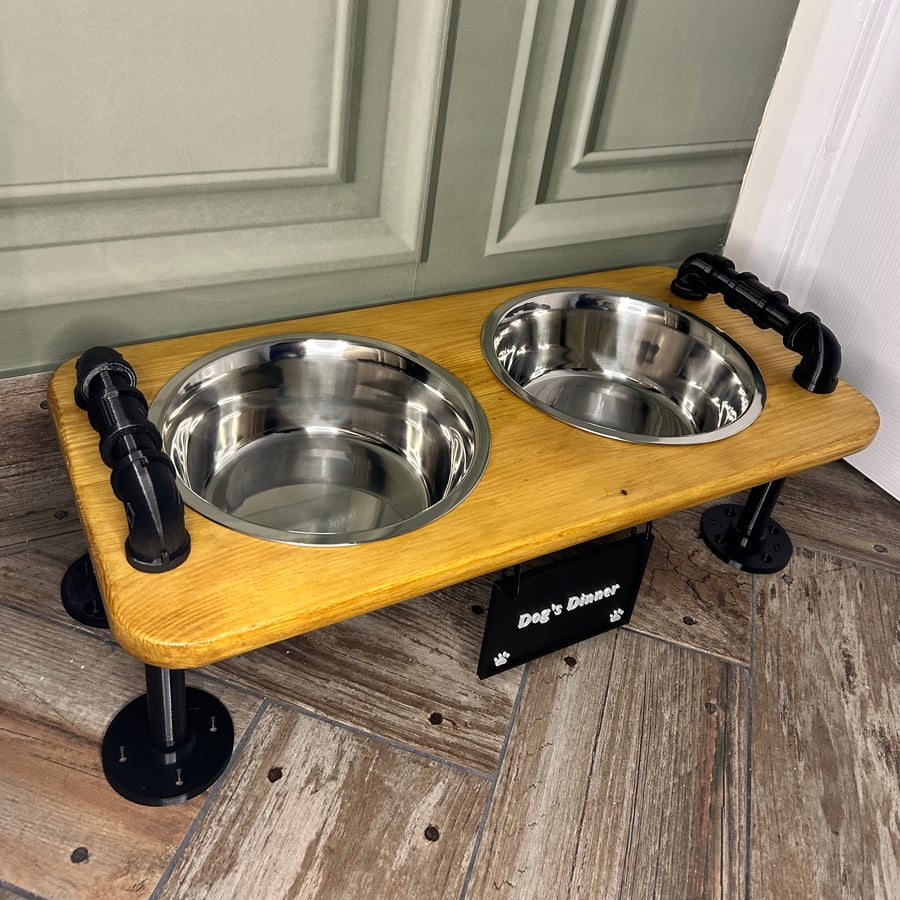 Personalised raised double dog feeder stand - MEDIUM