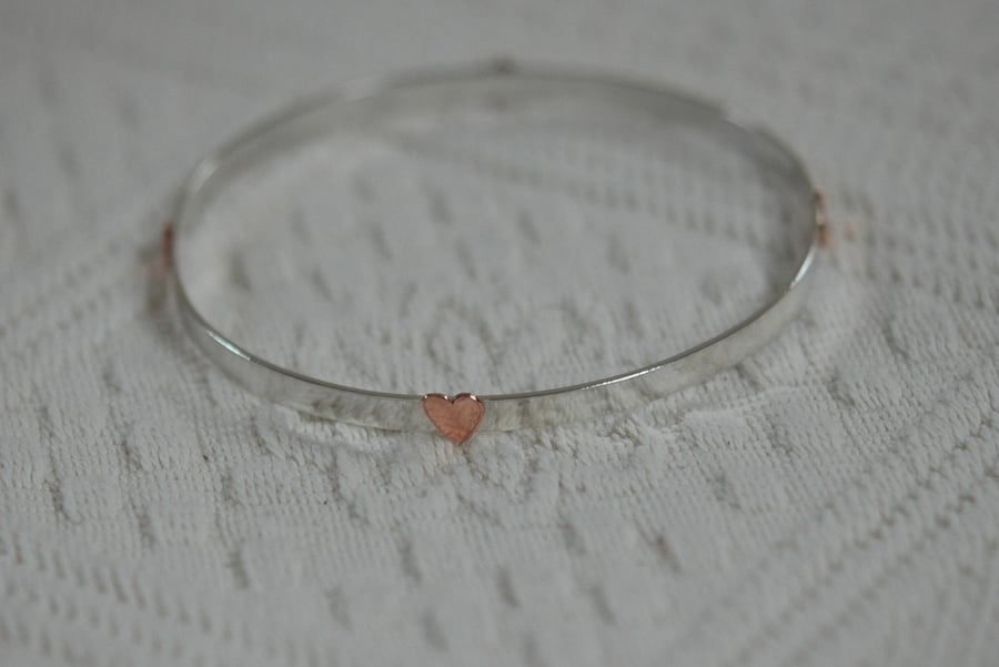 Sterling Silver Bangle with four Copper Hearts,  B46