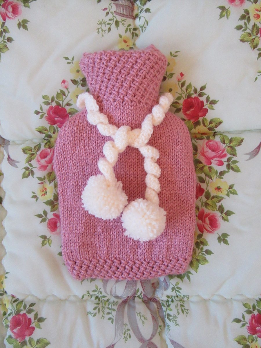 Pink Pompom hot water bottle
