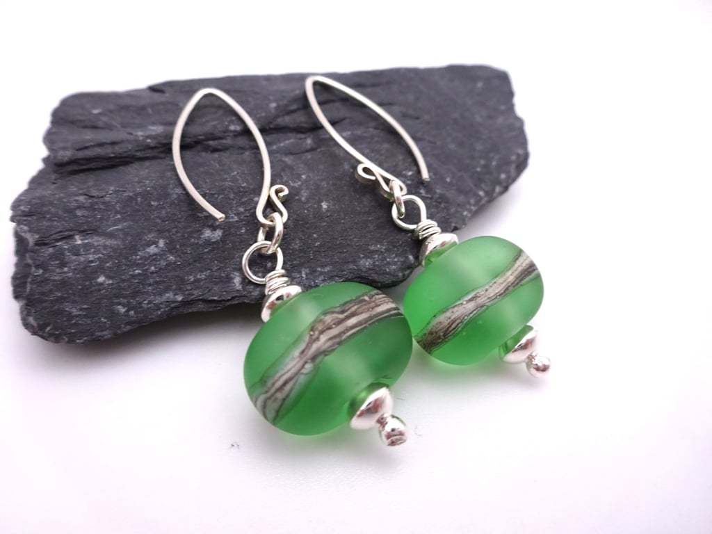 lampwork glass earrings, green wrapped