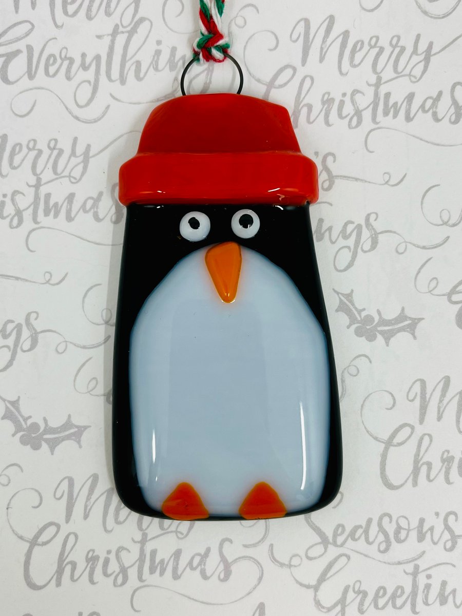 Large Handmade Fused Glass Penguin Hanging Christmas Decoration 