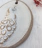 WALL DECORATION hand-built stoneware small peacock plaque ornament in white - Image 2