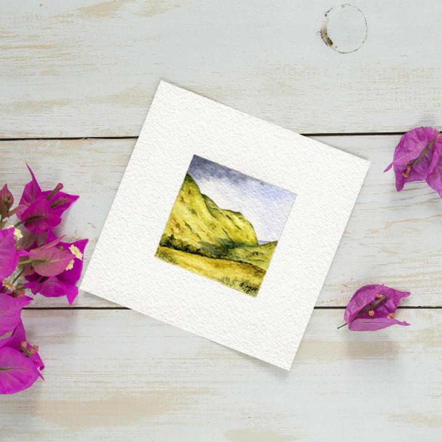 Watercolour Miniature - painting of Scotland, hills and mountains, nature