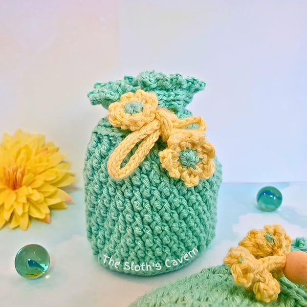 Small Green & Yellow Crochet Drawstring Pouch - Favour Bag, Treat Bag