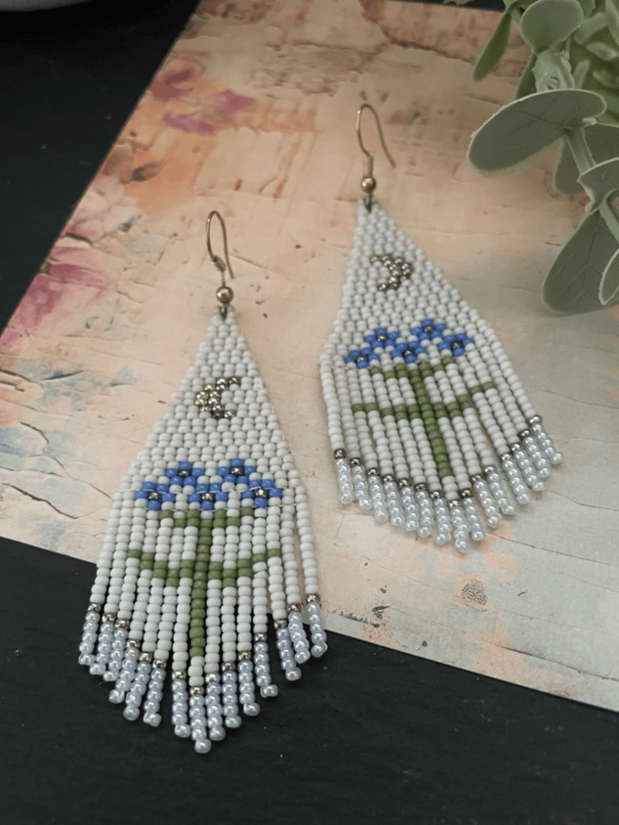 Hand beaded fringe flower design earrings, beadwork, birthday gift for her 