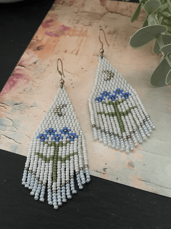 Hand beaded fringe flower design earrings, beadwork, birthday gift for her 