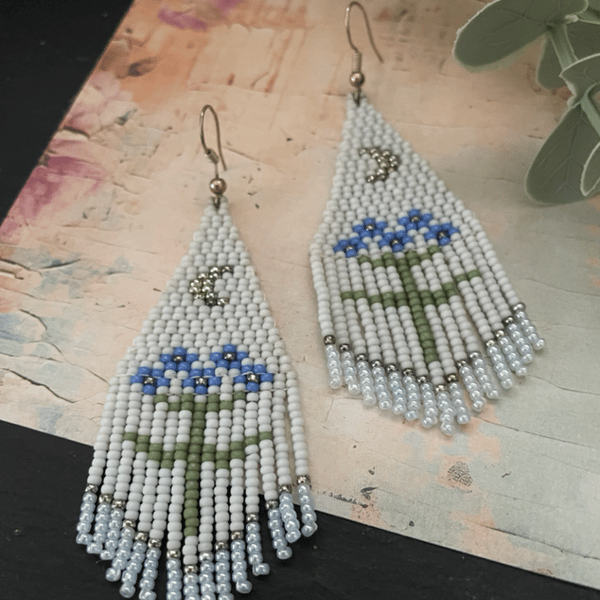 Hand beaded fringe flower design earrings, beadwork, birthday gift for her 