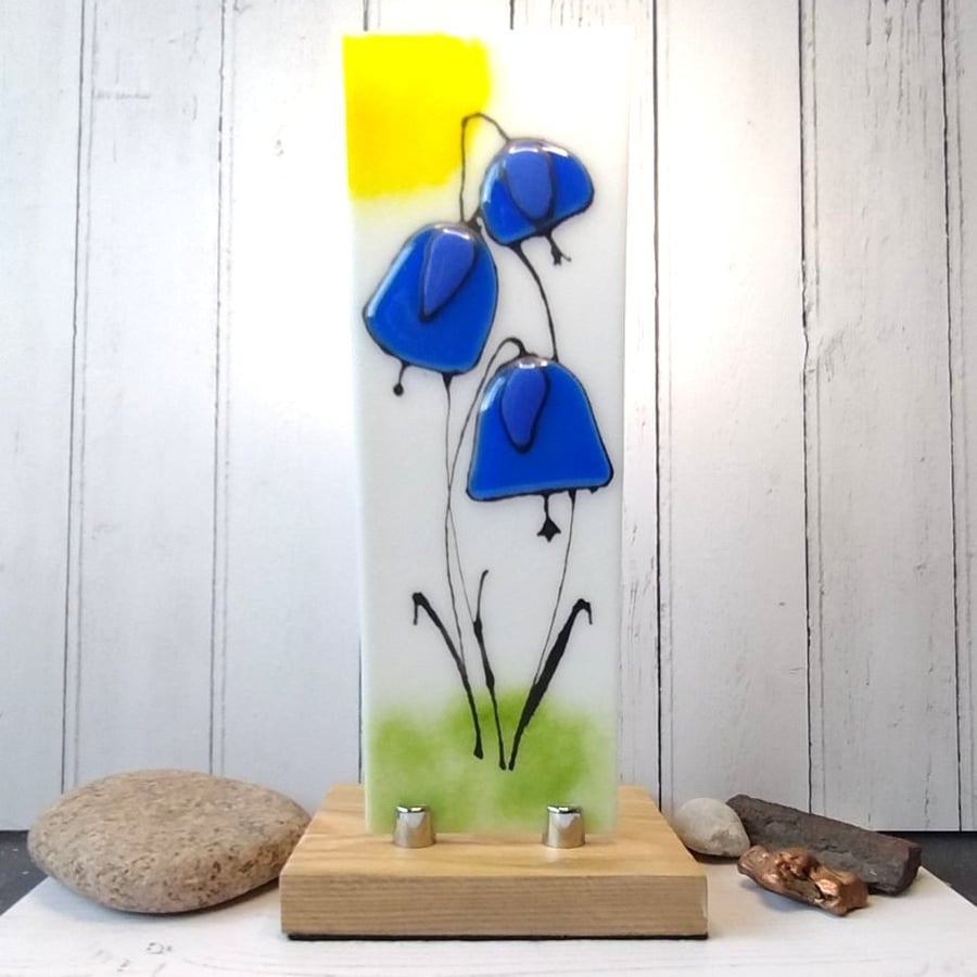 Bluebell, Harebell  fused glass panel on ash base stand