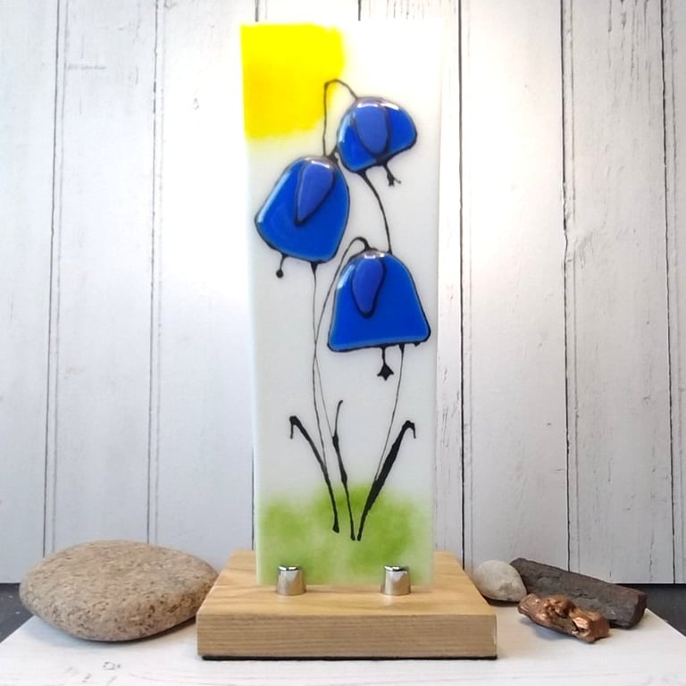 Bluebell, Harebell  fused glass panel on ash base stand