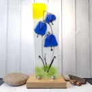 Bluebell, Harebell  fused glass panel on ash base stand