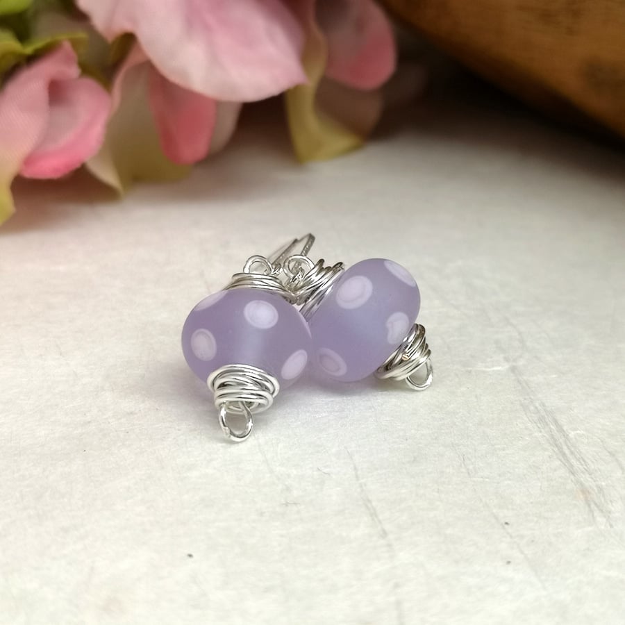 Lilac polka dot lamp work bead and wire work earrings 