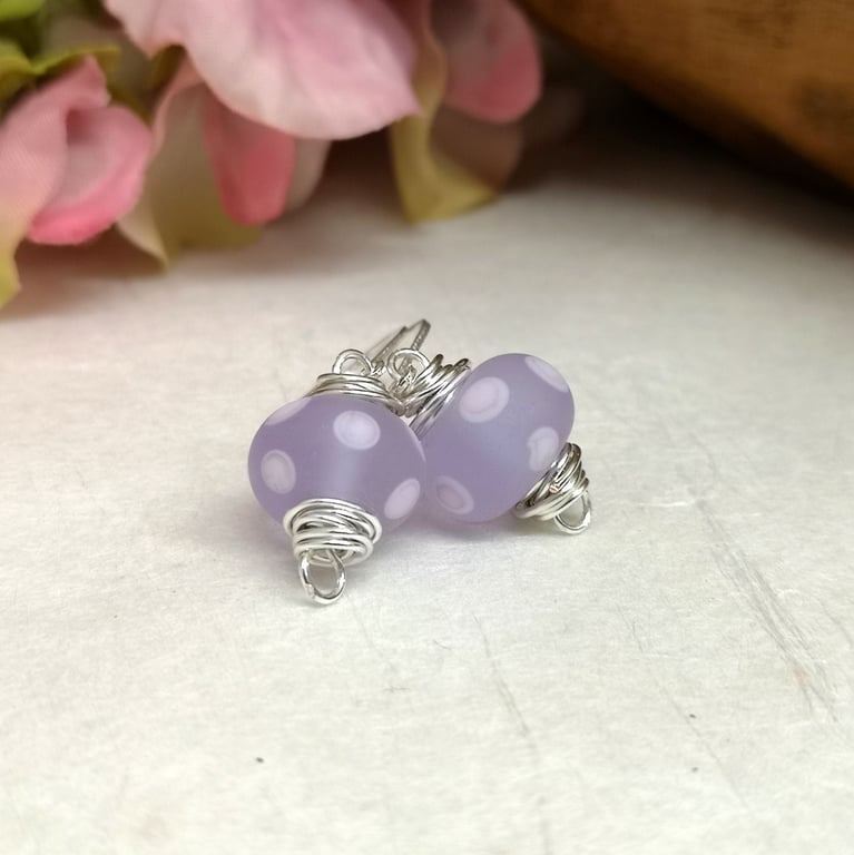 Lilac polka dot lamp work bead and wire work earrings 