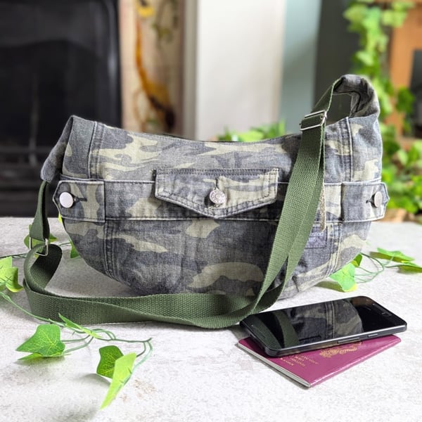 Camo Print Canvas Sling Bag or Dumpling Cross Body Bag Upcycled Fabric