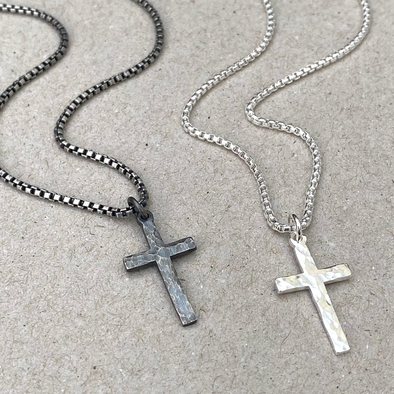 Oxidised or polished small size sterling silver hammered cross pendant necklace