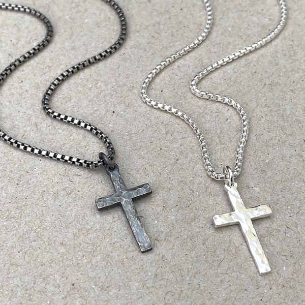 Oxidised or polished small size sterling silver hammered cross pendant necklace