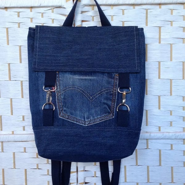 Recycled denim backpack, women's handmade bag, travel bag