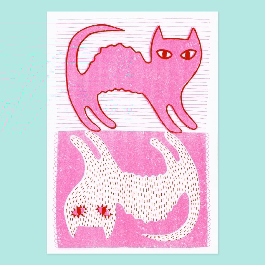 Two Cats, 2-colour risograph print