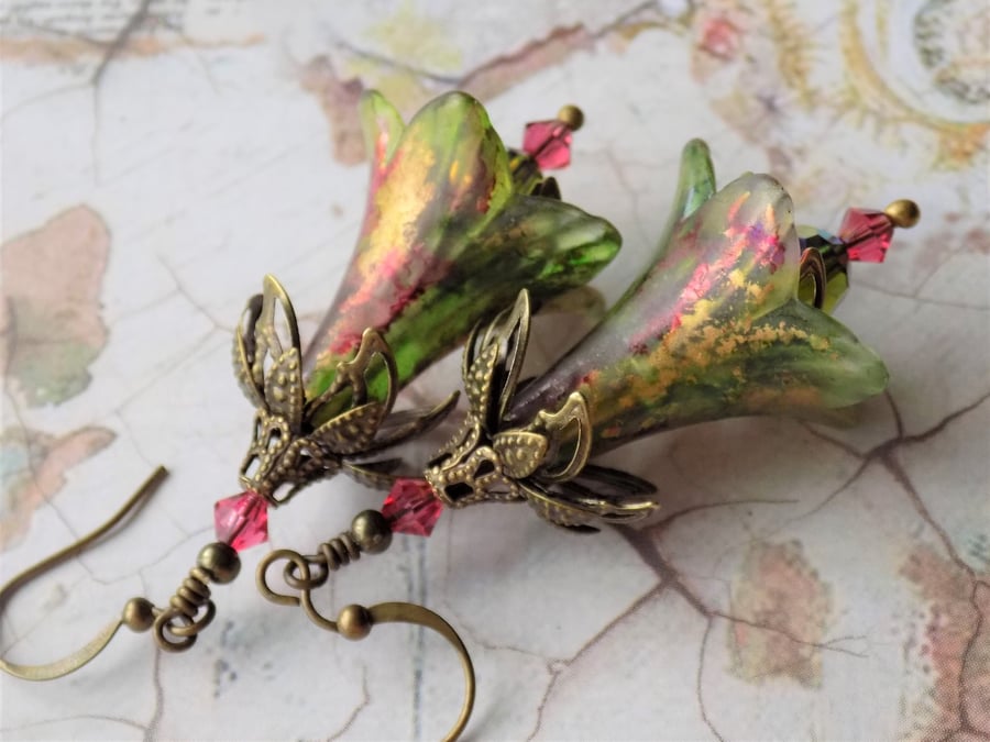 Green Pink Gold "The Lady of Shalott" Hand Painted Lucite Flower Earrings