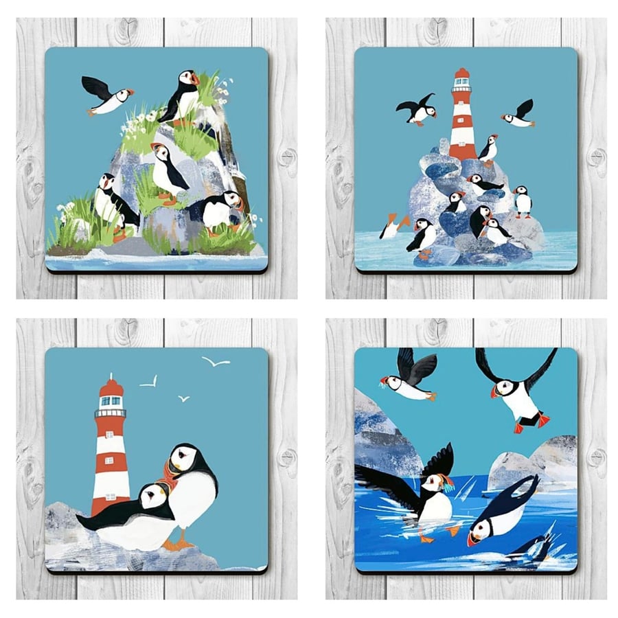 Coasters square Puffins and Lighthouses Coastal designs 