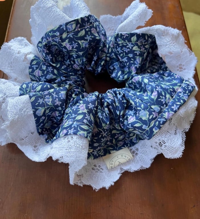 Oversized Blue Floral Scrunchie with White Lace Trim