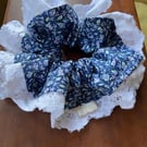 Oversized Blue Floral Scrunchie with White Lace Trim