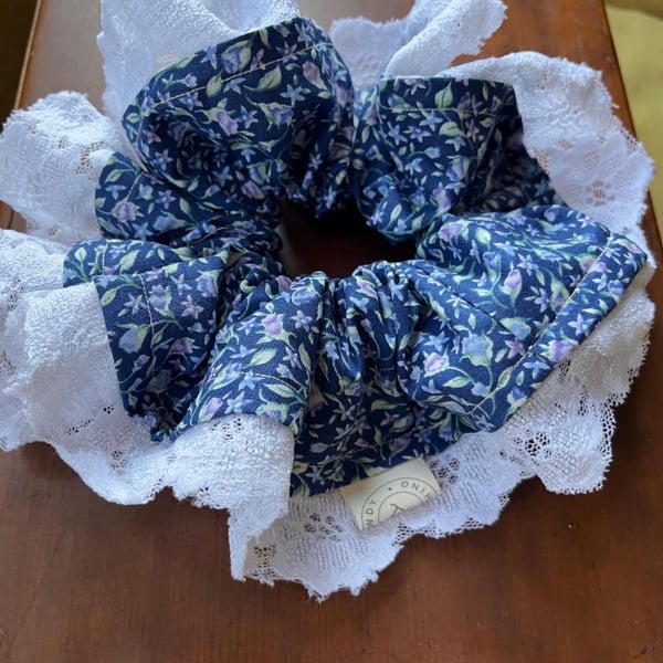 Oversized Blue Floral Scrunchie with White Lace Trim