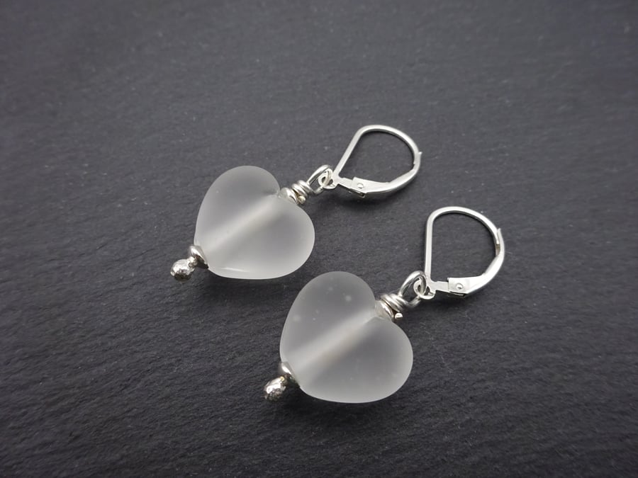 frosted heart lampwork glass earrings, sterling silver lever back jewellery