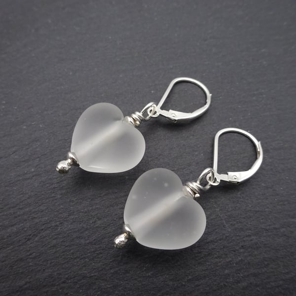 frosted heart lampwork glass earrings, sterling silver lever back jewellery