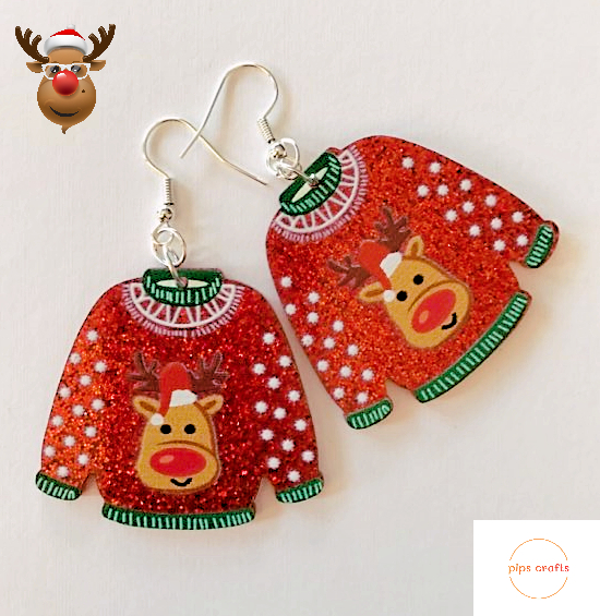 Fun Sparkly Red Christmas Jumper Earrings Reindeers -  Quirky Gift Idea