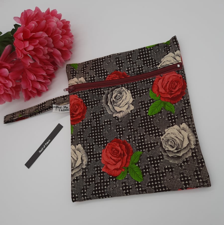 Zipped pouch,  clutch,  in red and cream rose, free uk delivery. 