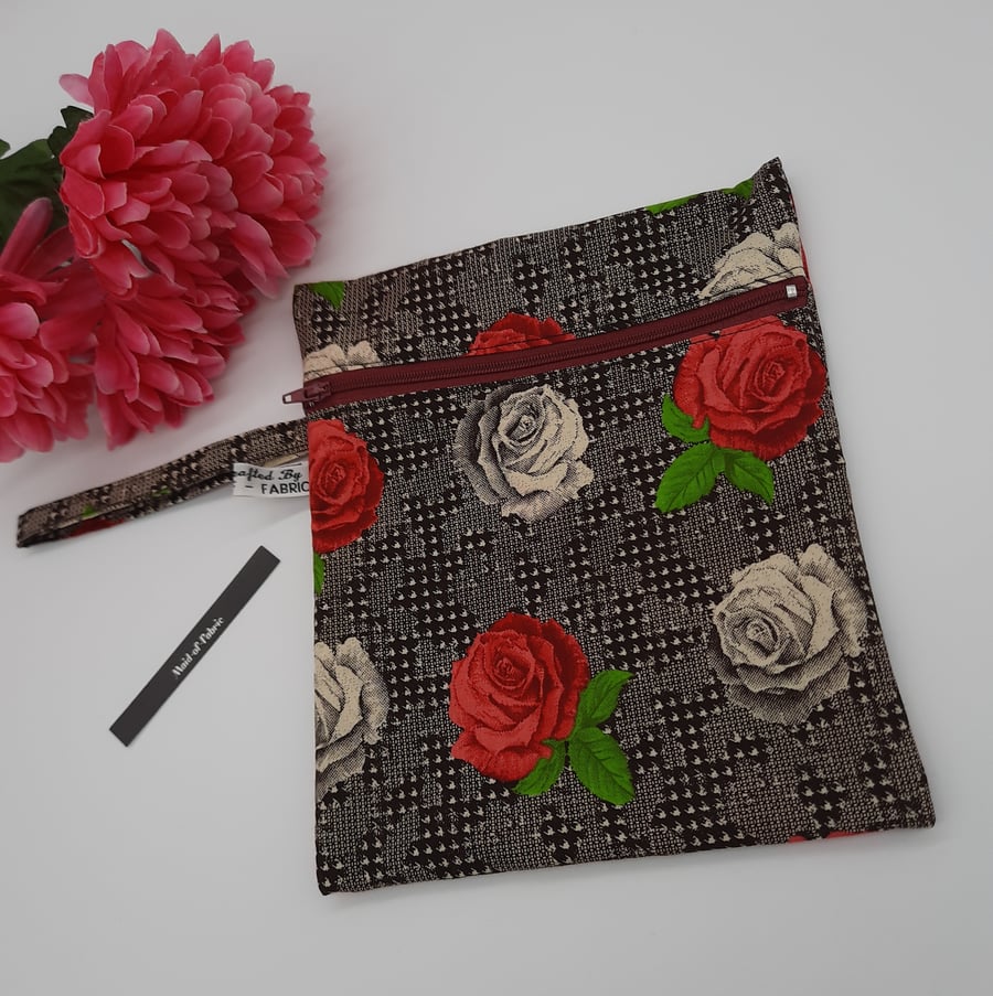 Zipped pouch,  clutch,  in red and cream rose, Sale. . 