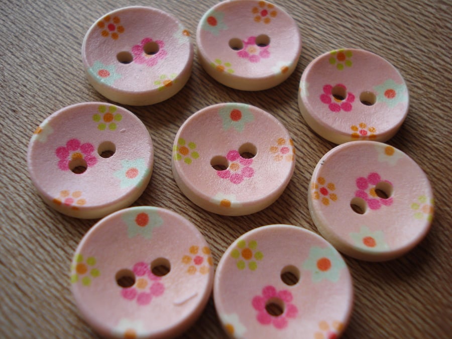 8 Round Buttons, Wooden Buttons, Pink Buttons, Floral Buttons