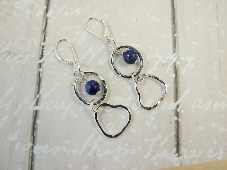 Earrings, Sterling Silver, Hammered Open Wire Heart & Circle with Lapis Lazuli