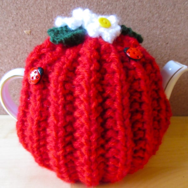 Strawberry Tea Cosy, Hand Knitted One Cup Teapot Cover, Tea for Two