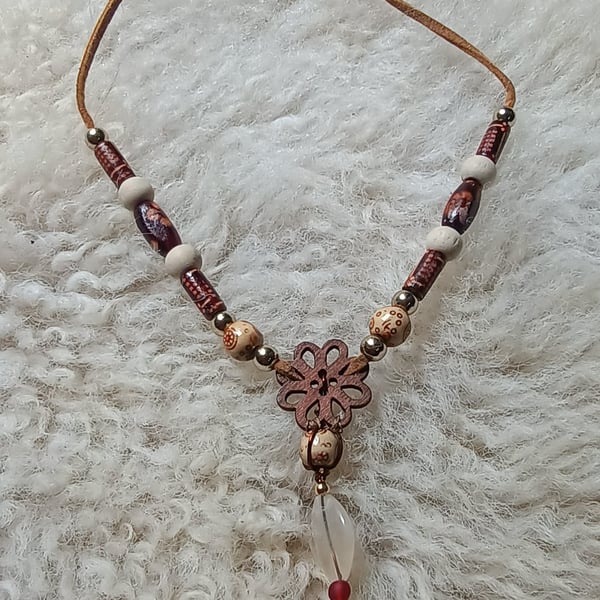 "Earth Guardian" - Bohemian tie necklace with decorative wooden beads - browns
