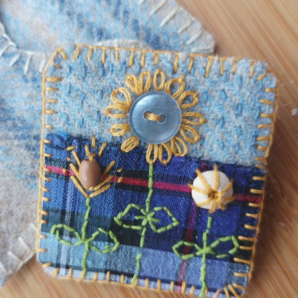 Brooch upcycled and hand stitched 