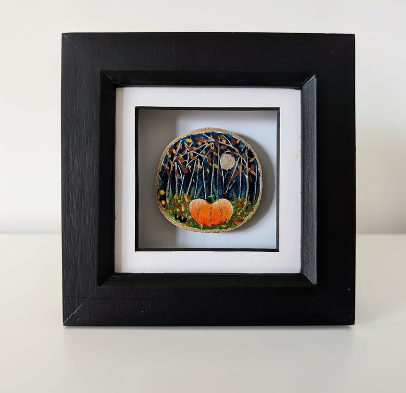 Pumpkin in the Woods Small Wood Slice Painting Framed