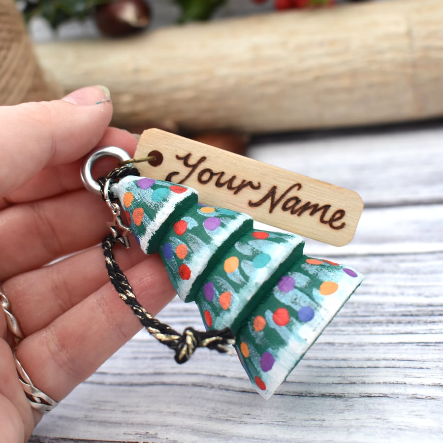 Hand painted Christmas tree decoration, personalised using pyrography
