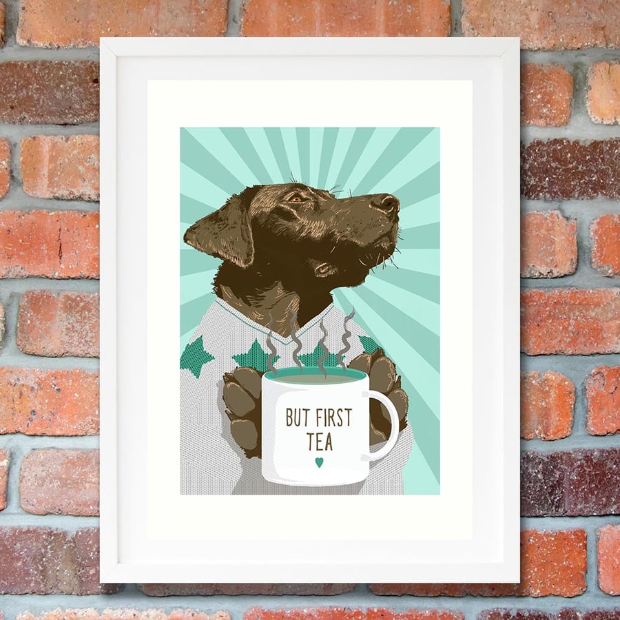 Chocolate Labrador wall art, Chocolate Lab pet art gift idea, Tea gift idea