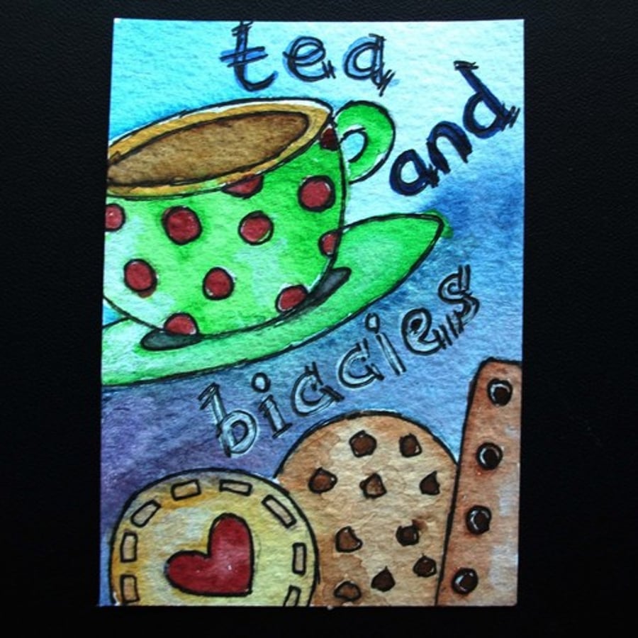 ACEO original watercolour, tea and biccies